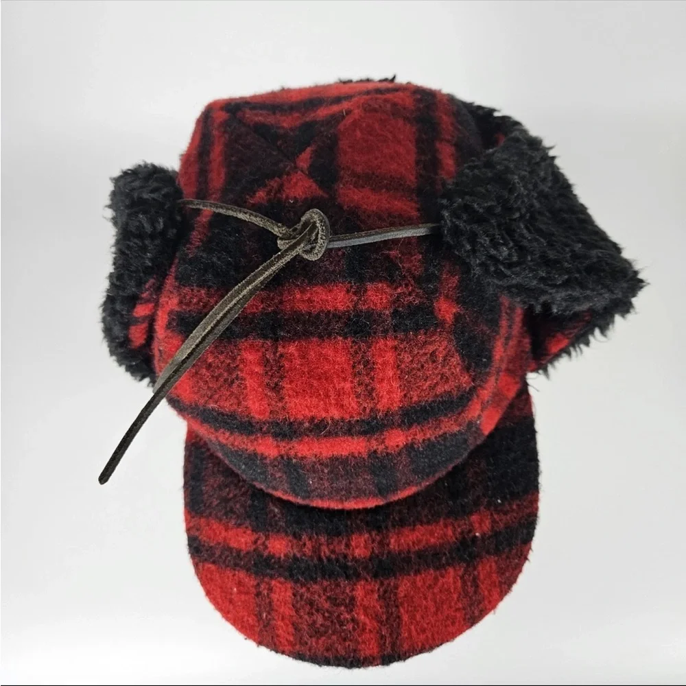 Vintage Eddie Bauer Wool Trapper Hat with Ear Flaps — Red & Black Buffalo Plaid - Picture 3 of 9